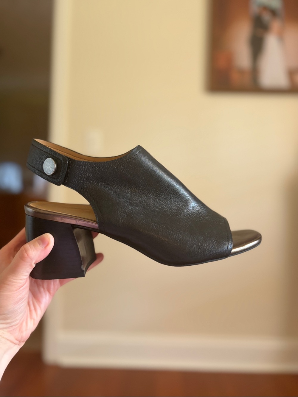 Vionic Black Leather Open-Toe Slingback Block Heel